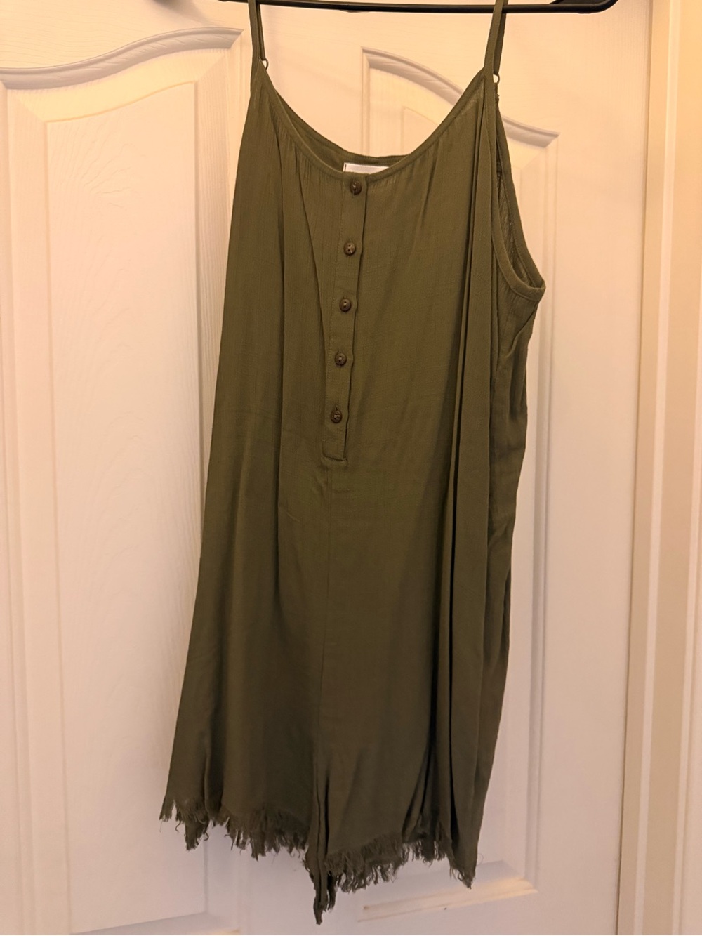 Olive Green Button-Front Fringe-Hem Jumpsuit